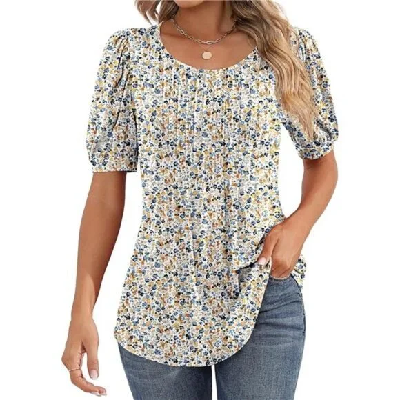 Women's Puff Short Sleeve Tunic Tops Pleated Crew Neck Blouses Casual Loose - Picture 1 of 7